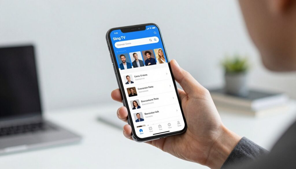 Generate an image of Sling TV's channel lineup on a smartphone Generate an image of Sling TV's channel lineup on a smartphone