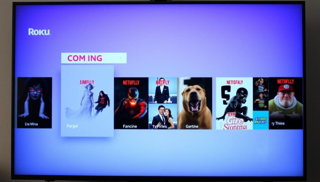 Generate an image of The Roku Channel interface on a Roku device, highlighting its content categories. Generate an image of The Roku Channel interface on a Roku device, highlighting its content categories.