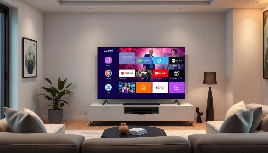 Generate an image of XCIPTV interface on a smart TV Generate an image of XCIPTV interface on a smart TV