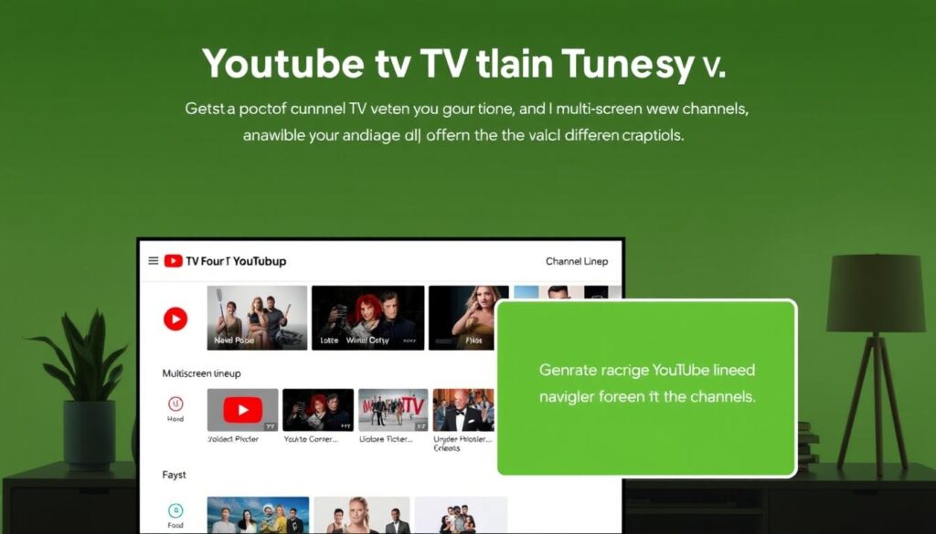 Generate an image of YouTube TV's channel lineup and multi-screen view feature. Generate an image of YouTube TV's channel lineup and multi-screen view feature.