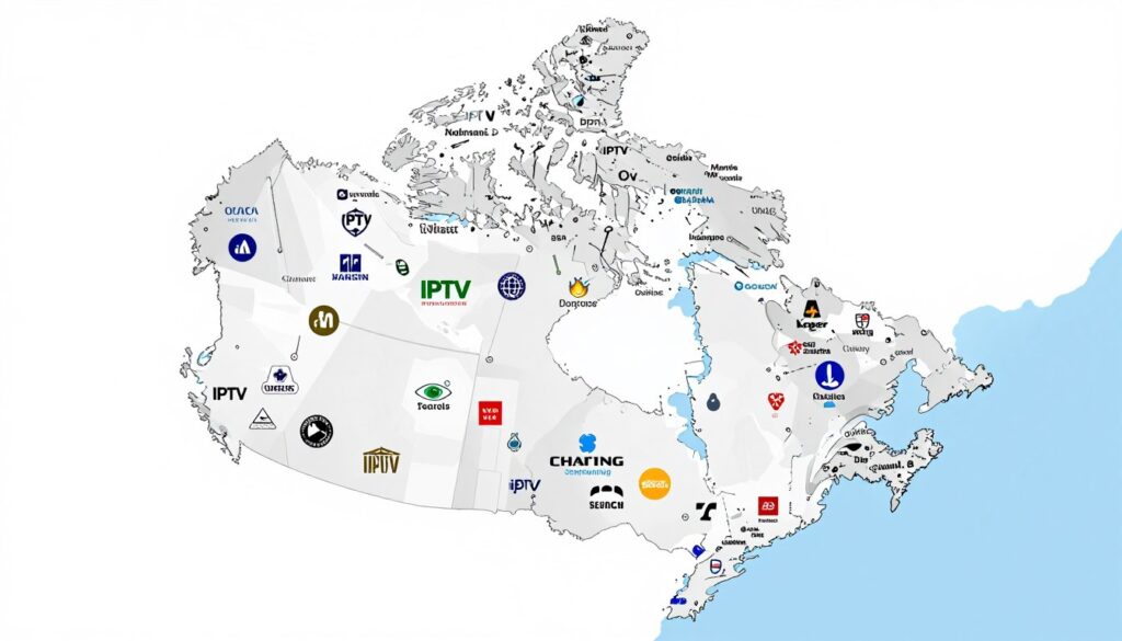 Generate an image of a Canadian map with various IPTV logos and streaming symbols Generate an image of a Canadian map with various IPTV logos and streaming symbols