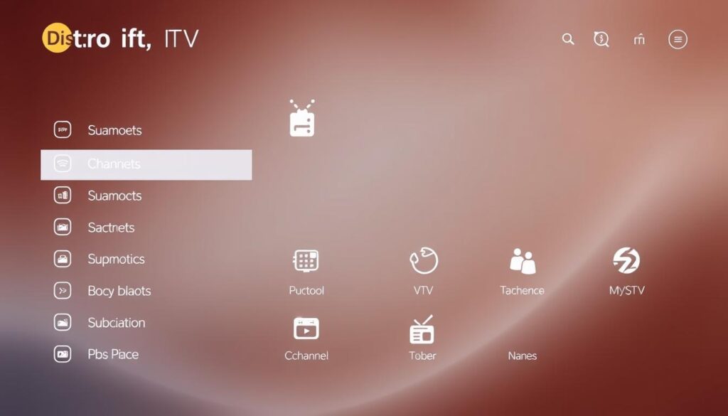Generate an image of a Distro IPTV interface showing various channel categories. Generate an image of a Distro IPTV interface showing various channel categories.