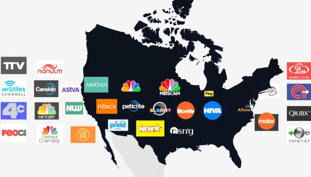 Generate an image of a North American map with TV channels streaming in the background Generate an image of a North American map with TV channels streaming in the background