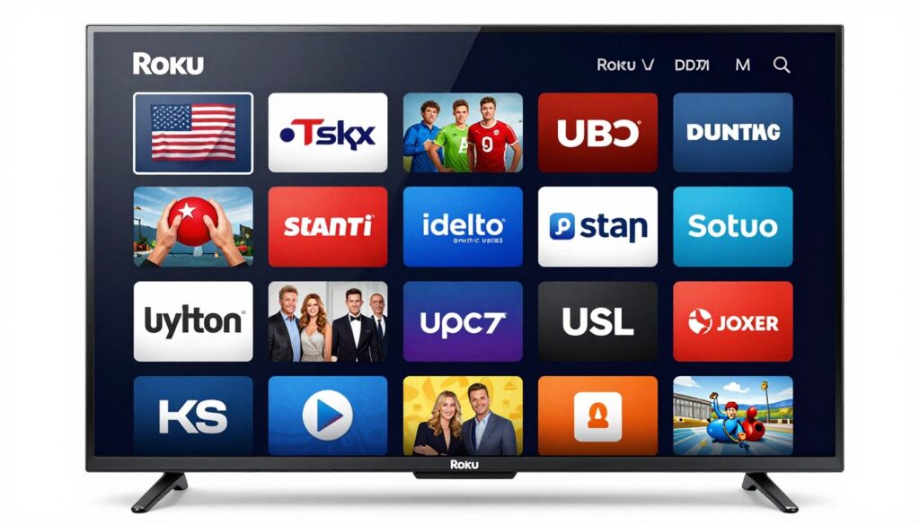 Generate an image of a Roku TV screen displaying US and European channels Generate an image of a Roku TV screen displaying US and European channels