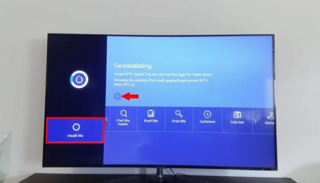 Generate an image of a Samsung Smart TV screen showing the Smart IPTV app installation page. Generate an image of a Samsung Smart TV screen showing the Smart IPTV app installation page.