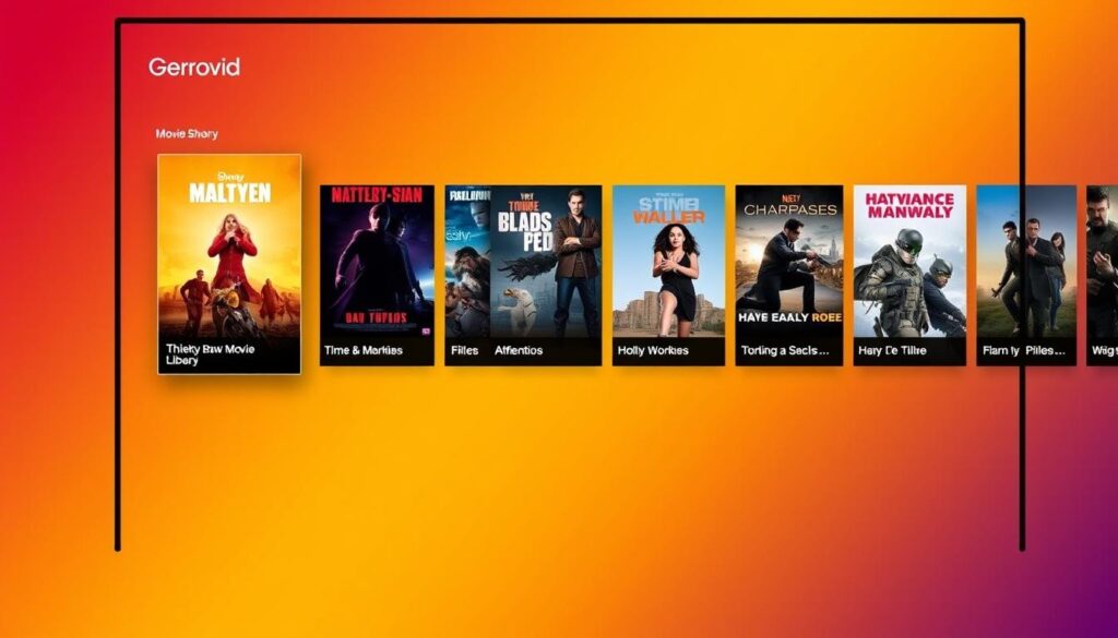 Generate an image of a TV screen displaying XtreamView IPTV's movie library interface. Generate an image of a TV screen displaying XtreamView IPTV's movie library interface.