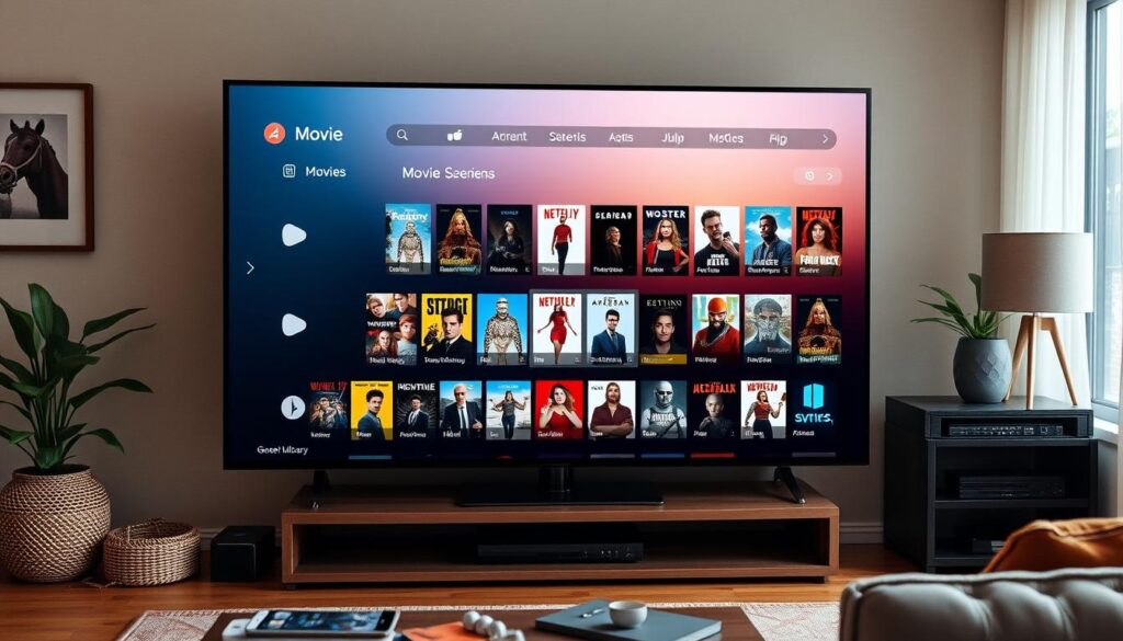 Generate an image of a TV screen displaying a vast library of movies and series. Generate an image of a TV screen displaying a vast library of movies and series.