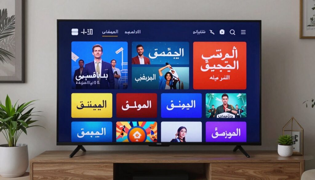 Generate an image of a TV screen displaying multiple Arabic channels. Generate an image of a TV screen displaying multiple Arabic channels.