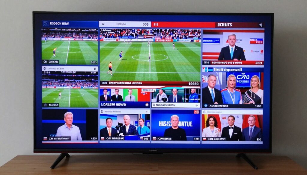 Generate an image of a TV screen displaying multiple channels simultaneously with a sports event in high definition. Generate an image of a TV screen displaying multiple channels simultaneously with a sports event in high definition.