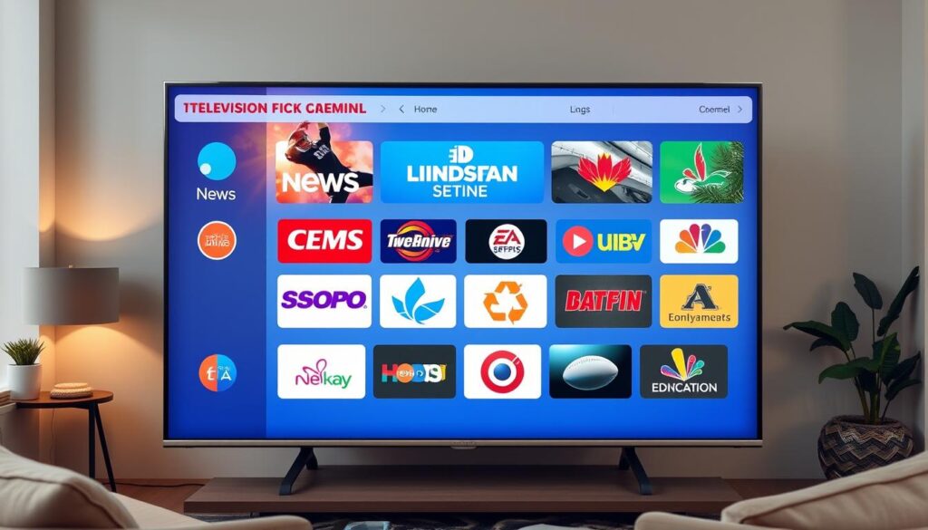 Generate an image of a TV screen displaying various North American channels. Generate an image of a TV screen displaying various North American channels.