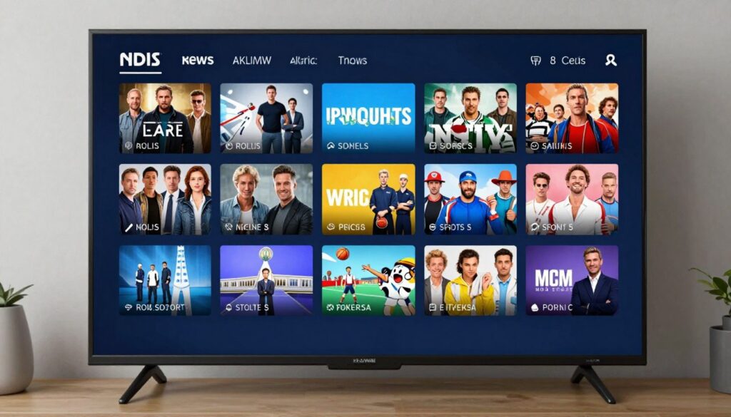 Generate an image of a TV screen displaying various channels and content options. Generate an image of a TV screen displaying various channels and content options.