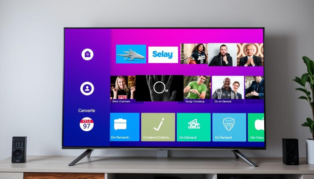 Generate an image of a TV screen displaying various channels and on-demand content. Generate an image of a TV screen displaying various channels and on-demand content.