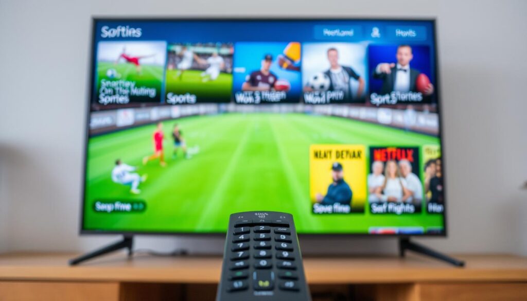 Generate an image of a TV screen displaying various sports channels and on-demand movies, with a sleek remote control in the foreground. Generate an image of a TV screen displaying various sports channels and on-demand movies, with a sleek remote control in the foreground.