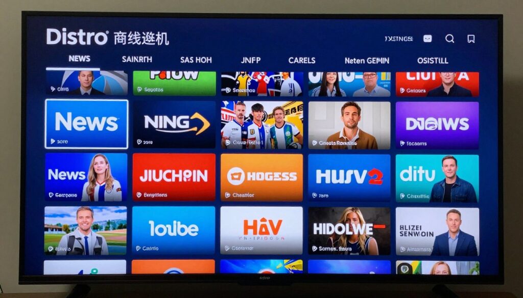 Generate an image of a TV screen showing Distro's categorized channels Generate an image of a TV screen showing Distro's categorized channels