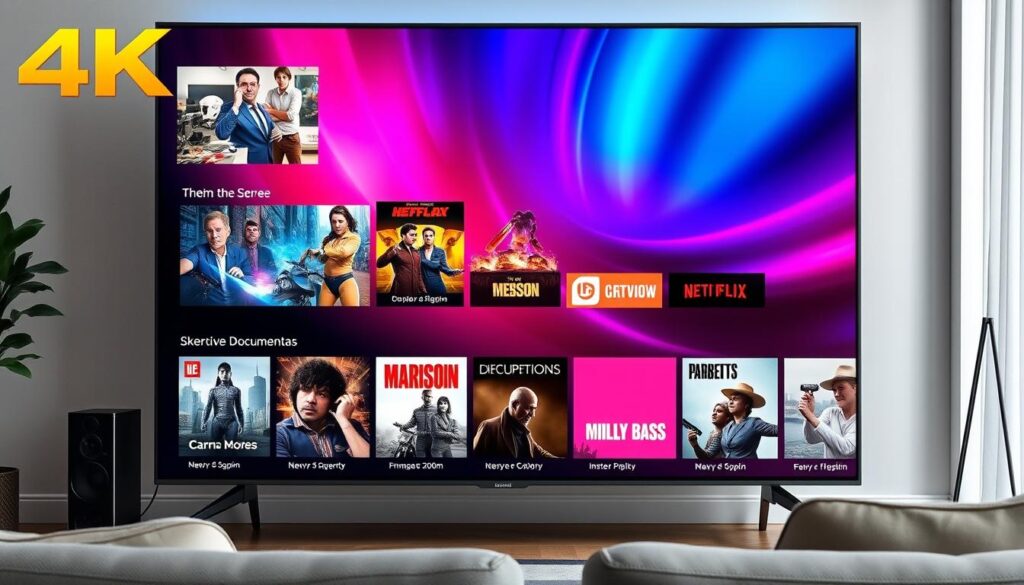 Generate an image of a TV screen showing a variety of global entertainment channels in 4K. Generate an image of a TV screen showing a variety of global entertainment channels in 4K.