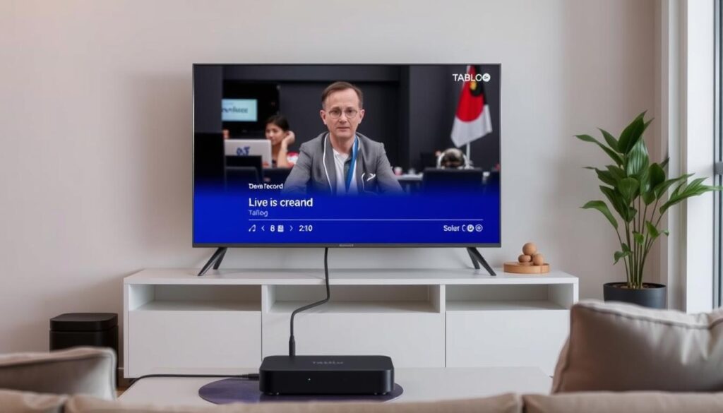 Generate an image of a Tablo device connected to a TV, showing a live TV program being recorded. Generate an image of a Tablo device connected to a TV, showing a live TV program being recorded.