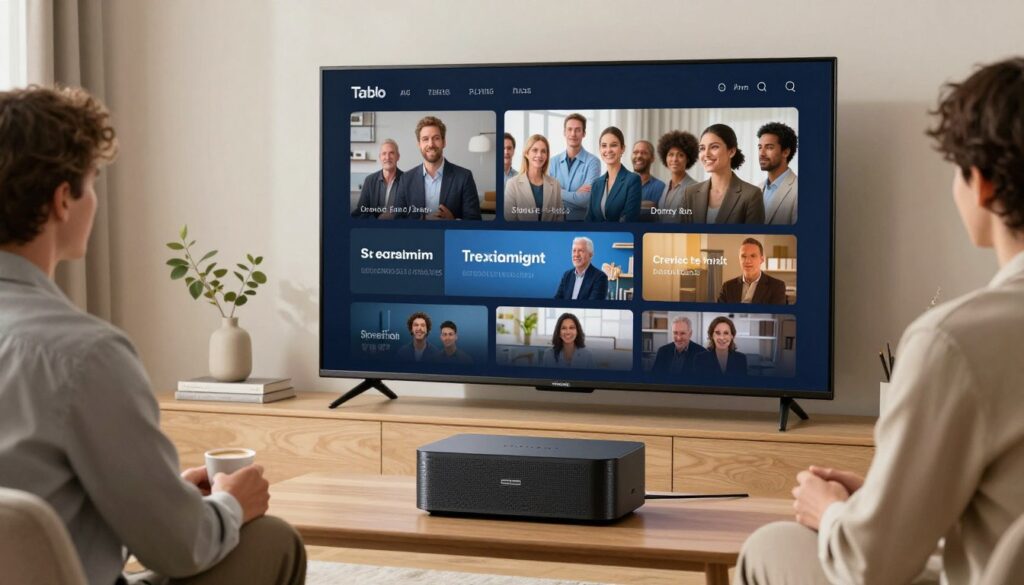 Generate an image of a Tablo device connected to a TV, showing high-quality streaming Generate an image of a Tablo device connected to a TV, showing high-quality streaming