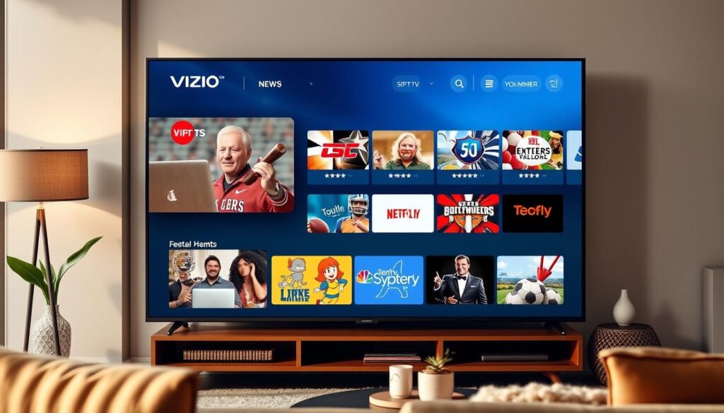 Generate an image of a Vizio TV screen displaying various IPTV channels Generate an image of a Vizio TV screen displaying various IPTV channels