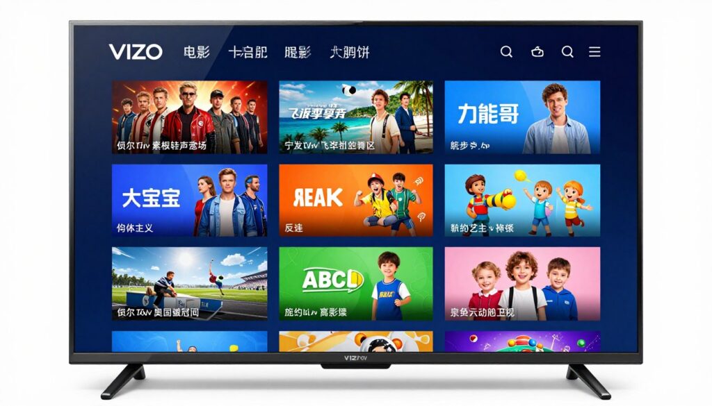 Generate an image of a Vizio TV screen showing various entertainment channels Generate an image of a Vizio TV screen showing various entertainment channels