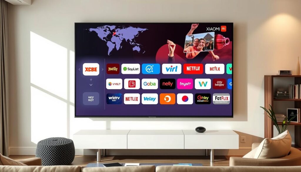Generate an image of a Xiaomi TV with international channels displayed. Generate an image of a Xiaomi TV with international channels displayed.