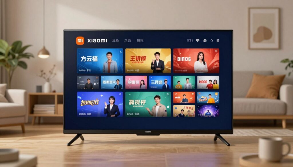 Generate an image of a Xiaomi device with a TV screen showing multiple live channels Generate an image of a Xiaomi device with a TV screen showing multiple live channels