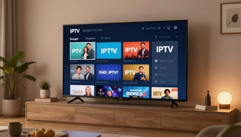 Generate an image of a budget-friendly IPTV service on a TV screen Generate an image of a budget-friendly IPTV service on a TV screen