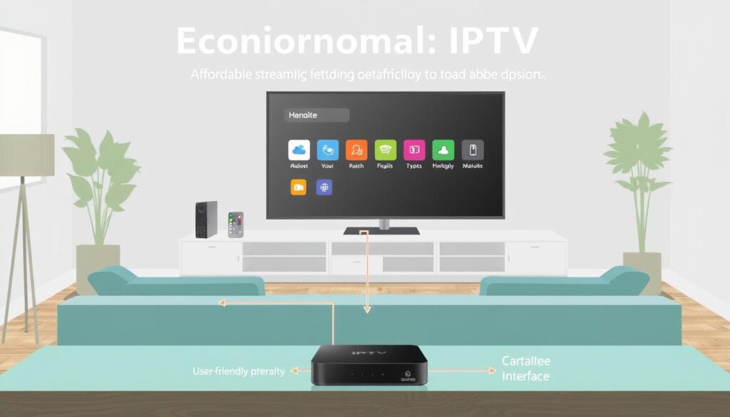 Generate an image of a budget-friendly IPTV setup with a low-cost device. Generate an image of a budget-friendly IPTV setup with a low-cost device.