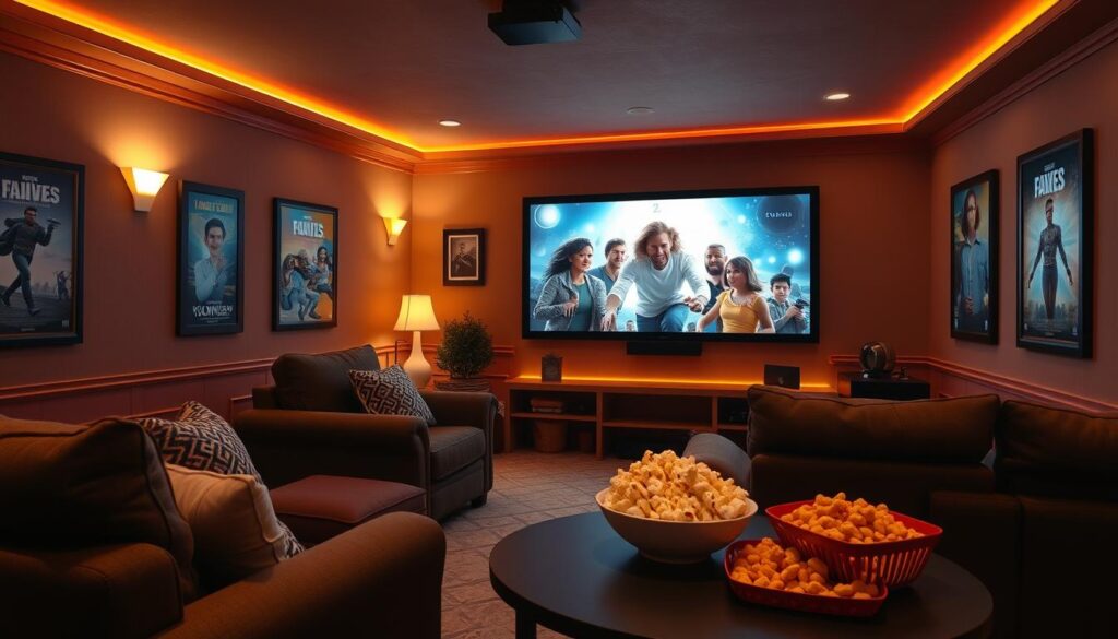 Generate an image of a cozy home theater with a large screen displaying a popular movie Generate an image of a cozy home theater with a large screen displaying a popular movie