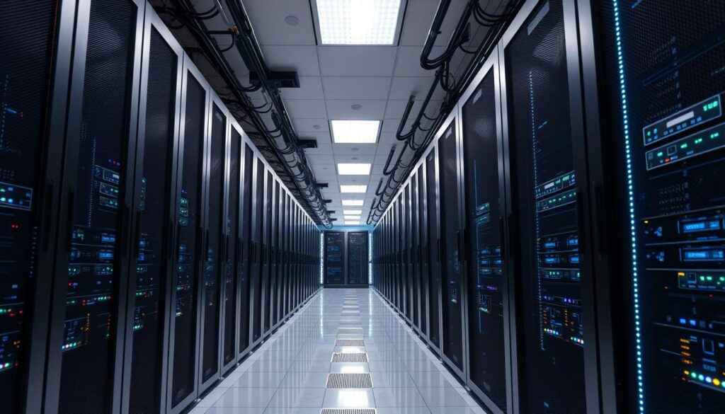 Generate an image of a data center with multiple servers Generate an image of a data center with multiple servers