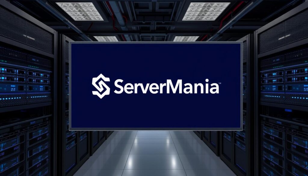 Generate an image of a data center with multiple servers and a prominent display of ServerMania's logo. Generate an image of a data center with multiple servers and a prominent display of ServerMania's logo.
