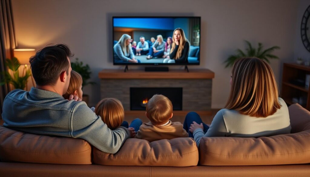 Generate an image of a family watching TV together using Pioneers TV on their smart TV. Generate an image of a family watching TV together using Pioneers TV on their smart TV.