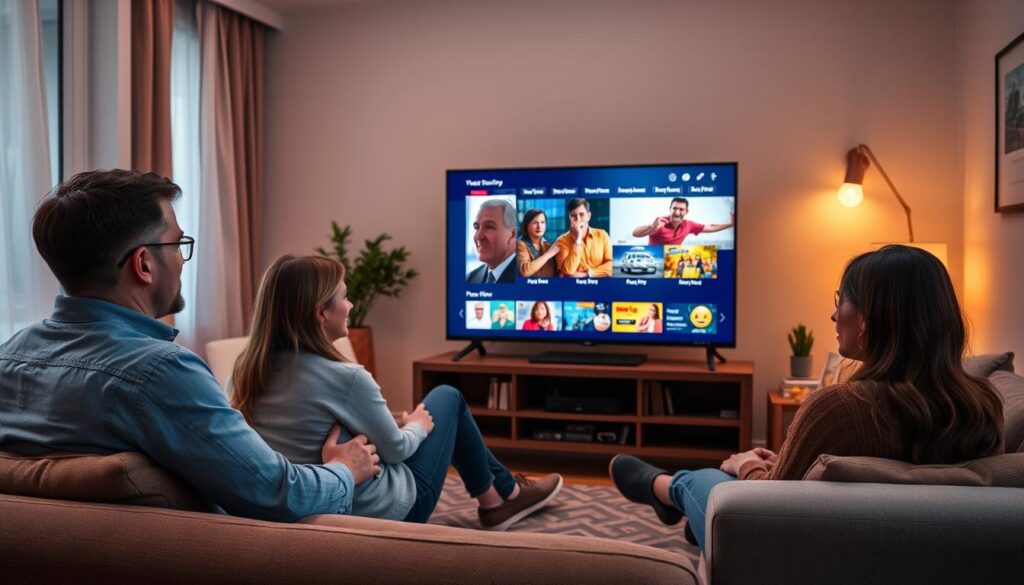 Generate an image of a family watching a movie together on a smart TV, with the XtreamView IPTV interface on the screen. Generate an image of a family watching a movie together on a smart TV, with the XtreamView IPTV interface on the screen.