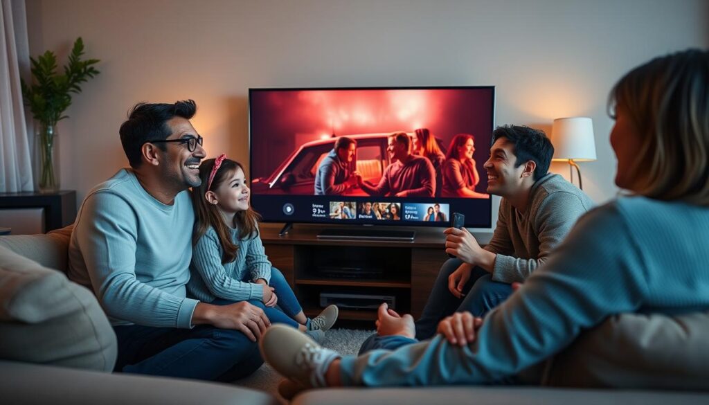 Generate an image of a family watching a movie together on their smart TV using Trendyscreen IPTV service. Generate an image of a family watching a movie together on their smart TV using Trendyscreen IPTV service.