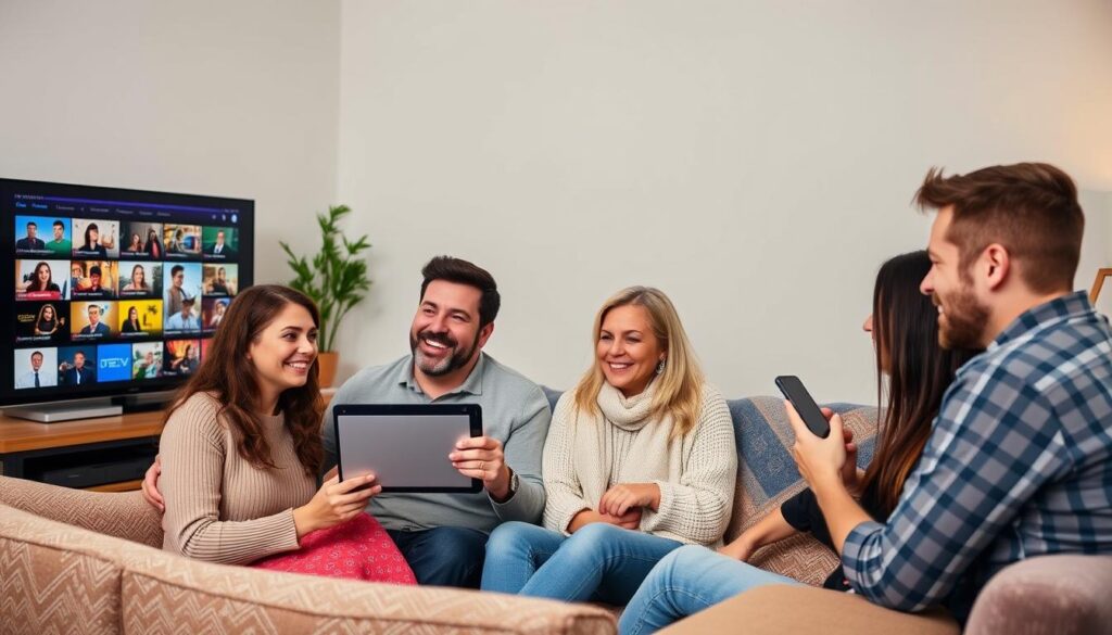 Generate an image of a family watching different international channels on multiple devices using IPTV Rockers Generate an image of a family watching different international channels on multiple devices using IPTV Rockers