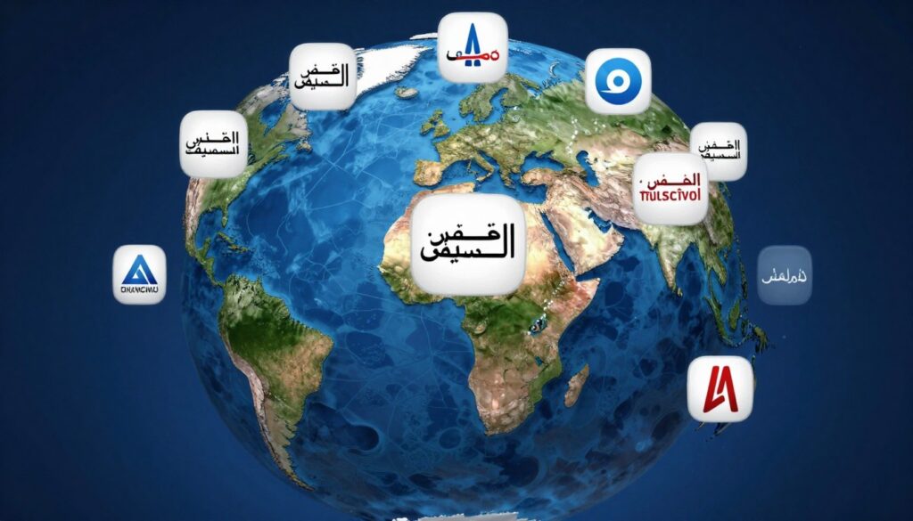 Generate an image of a globe with multiple Arabic channels streaming. Generate an image of a globe with multiple Arabic channels streaming.