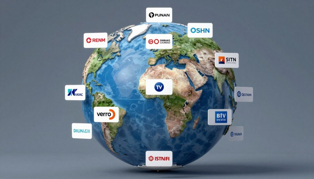 Generate an image of a globe with various TV channels displayed on it Generate an image of a globe with various TV channels displayed on it