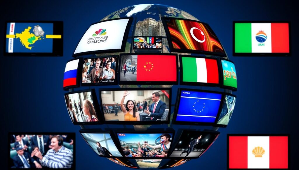 Generate an image of a globe with various TV channels streaming from different countries Generate an image of a globe with various TV channels streaming from different countries