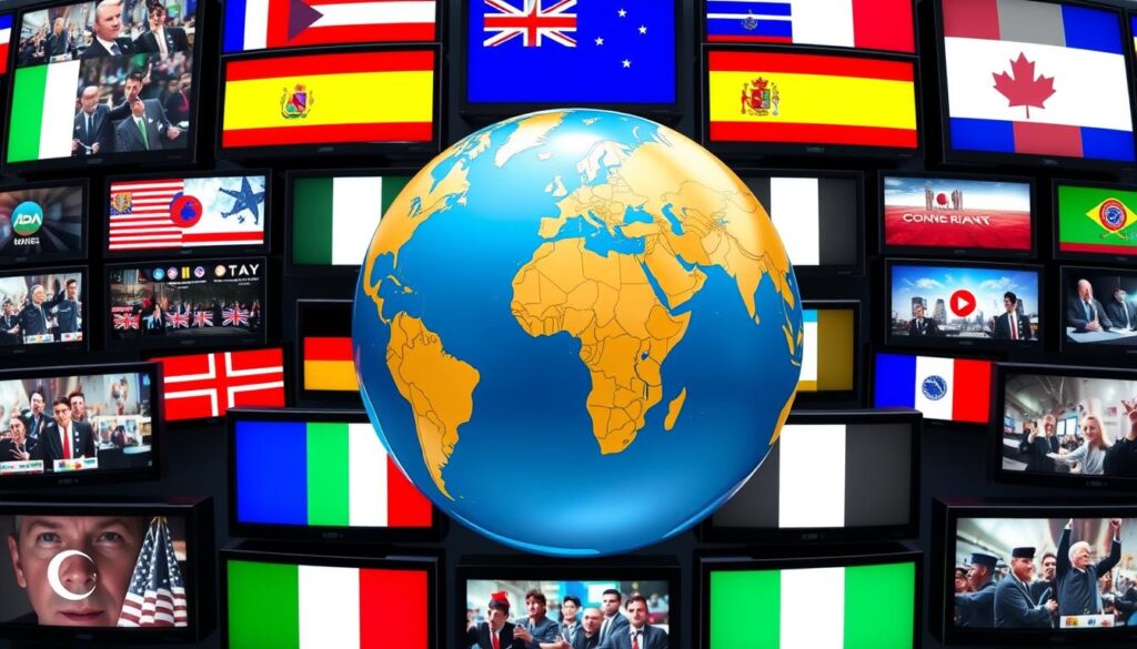 Generate an image of a globe with various country flags, surrounded by screens displaying different TV channels, symbolizing global coverage. Generate an image of a globe with various country flags, surrounded by screens displaying different TV channels, symbolizing global coverage.