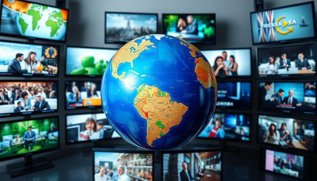 Generate an image of a globe with various international channels being streamed on different screens around it Generate an image of a globe with various international channels being streamed on different screens around it