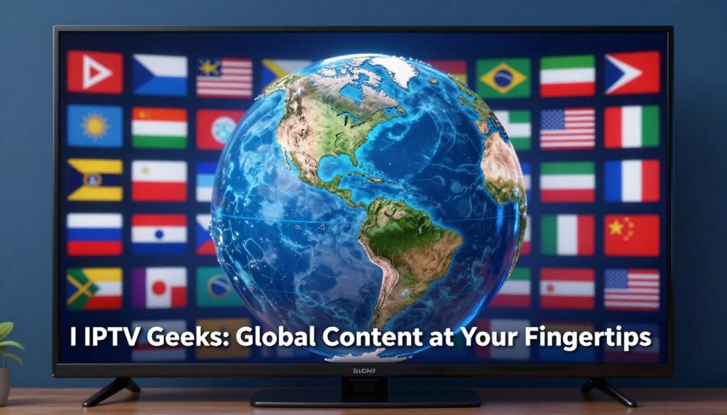 Generate an image of a globe with various international channels displayed on a TV screen, captioned "IPTV Geeks: Global Content at Your Fingertips" Generate an image of a globe with various international channels displayed on a TV screen, captioned "IPTV Geeks: Global Content at Your Fingertips"