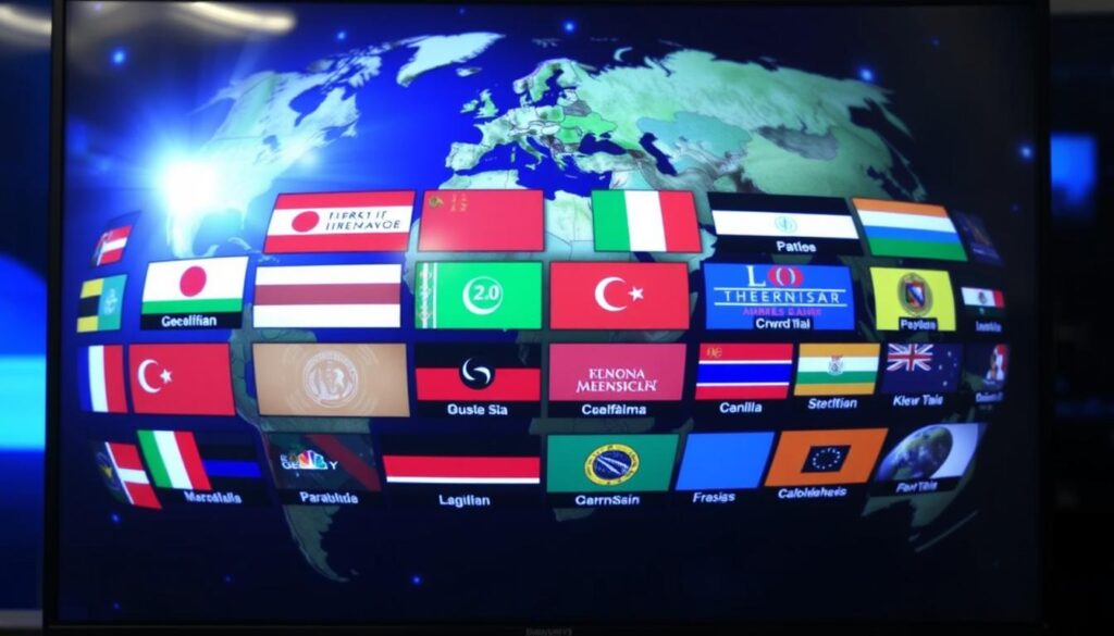 Generate an image of a globe with various international channels streaming on a TV. Generate an image of a globe with various international channels streaming on a TV.