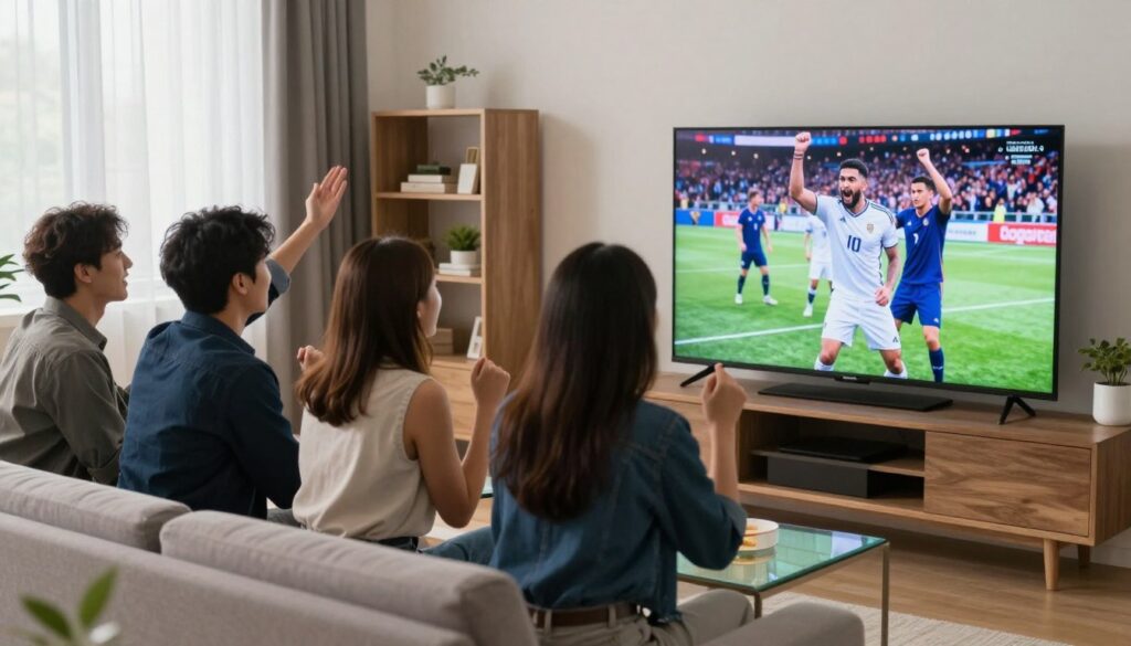 Generate an image of a group of friends watching a live sports event on Trendyscreen with a vibrant and engaging interface. Generate an image of a group of friends watching a live sports event on Trendyscreen with a vibrant and engaging interface.