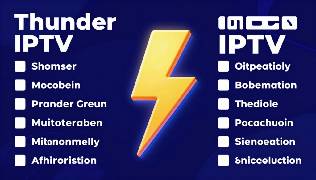 Generate an image of a lightning bolt symbolizing Thunder IPTV, with a list of its features in the background. Generate an image of a lightning bolt symbolizing Thunder IPTV, with a list of its features in the background.