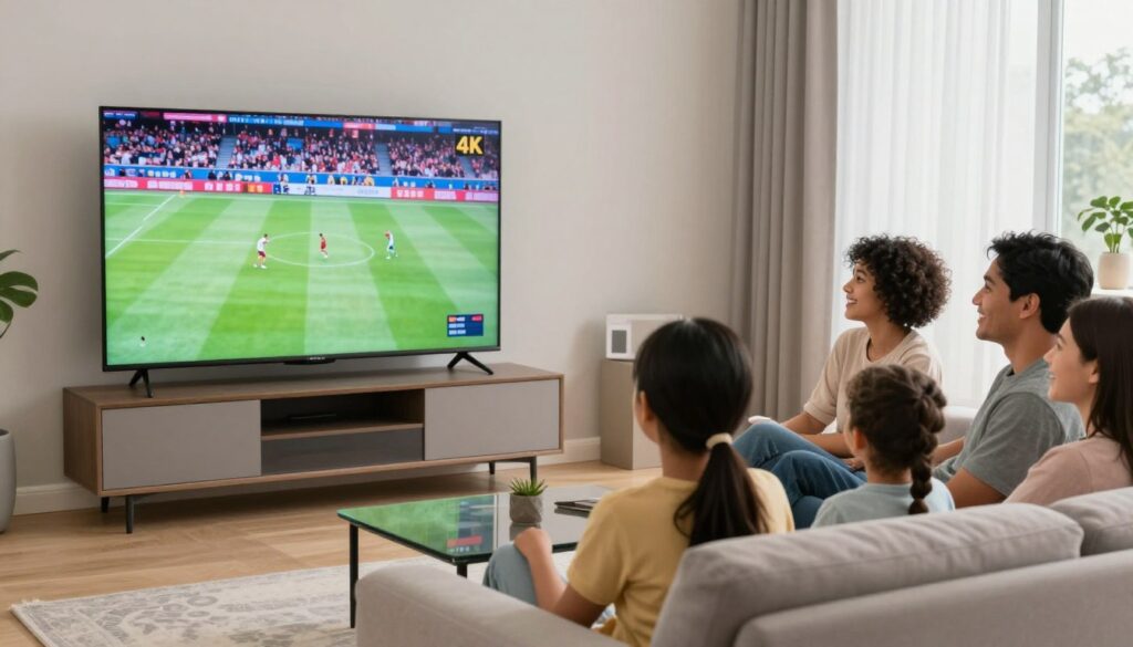 Generate an image of a modern living room with a large 4K TV displaying a vibrant sports event, surrounded by happy family members. Generate an image of a modern living room with a large 4K TV displaying a vibrant sports event, surrounded by happy family members.