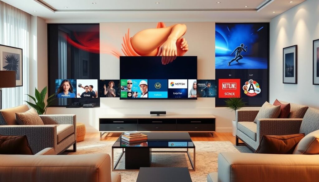Generate an image of a modern living room with a large screen TV displaying various channels from Sonix IPTV. Generate an image of a modern living room with a large screen TV displaying various channels from Sonix IPTV.