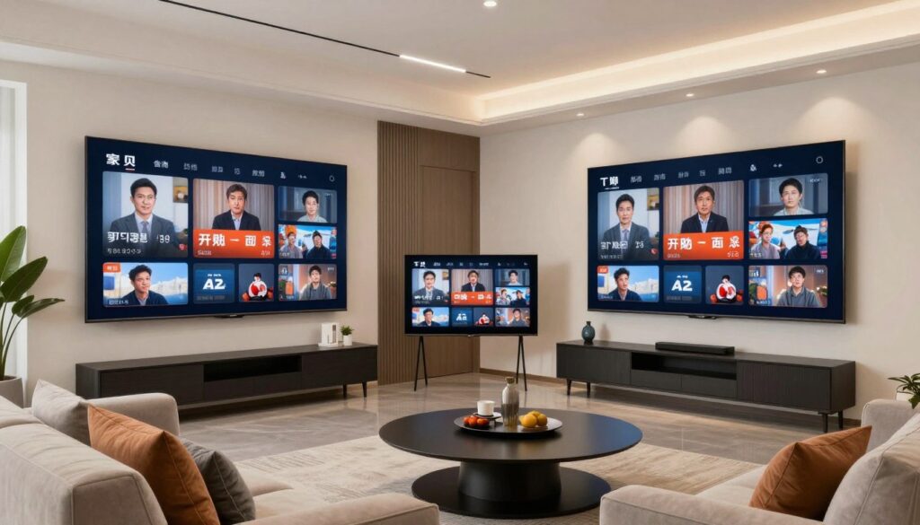 Generate an image of a modern living room with multiple screens displaying different channels simultaneously. Generate an image of a modern living room with multiple screens displaying different channels simultaneously.
