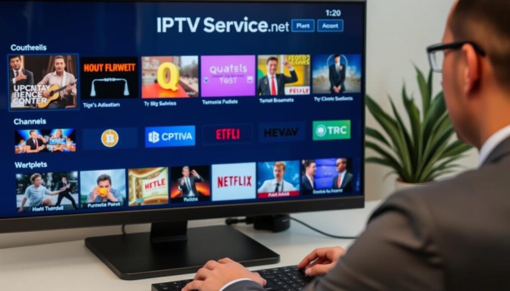 Generate an image of a person accessing IPTVService.net on their computer, with a variety of channels and VOD content displayed. Generate an image of a person accessing IPTVService.net on their computer, with a variety of channels and VOD content displayed.