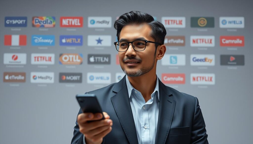 Generate an image of a person accessing a diverse range of international channels and VOD content on their IPTV device. Generate an image of a person accessing a diverse range of international channels and VOD content on their IPTV device.