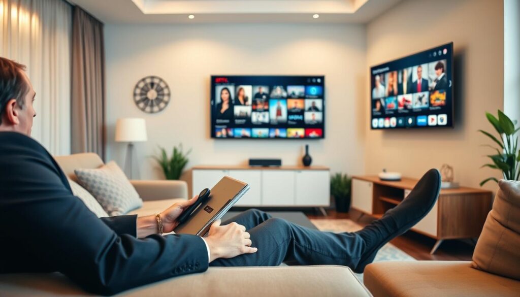 Generate an image of a person accessing premium content on their IPTV service. Generate an image of a person accessing premium content on their IPTV service.