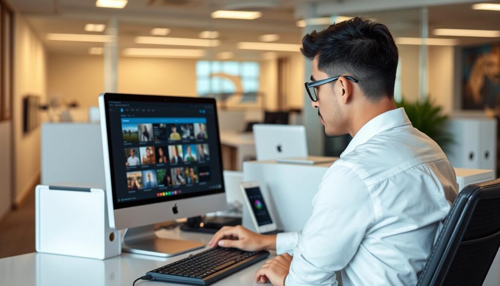 Generate an image of a person browsing IPTV forums on their computer Generate an image of a person browsing IPTV forums on their computer